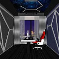 Modern Entertainment Room With Geometric Walls Starry Sky Ceiling Red Gaming Chair Glass Top Table