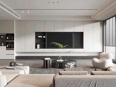 Modern Living Room Interior With White Cabinets Black TV Wall Green Plant And Comfortable Sofa 3d model