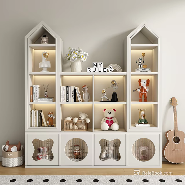 White Decorative Cabinet With Lit Shelves Stuffed Toys Books And Grid Doors 3d model 