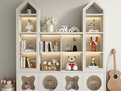 White Decorative Cabinet With Lit Shelves Stuffed Toys Books And Grid Doors 3d model
