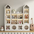 White Decorative Cabinet With Lit Shelves Stuffed Toys Books And Grid Doors