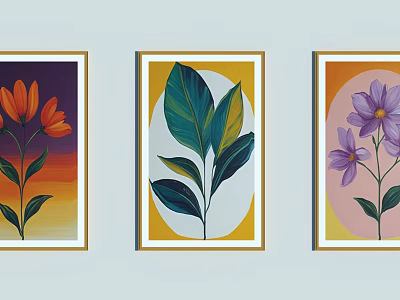 Three Framed Oil Paintings With Floral And Leaf Designs In Golden Frames 3d model