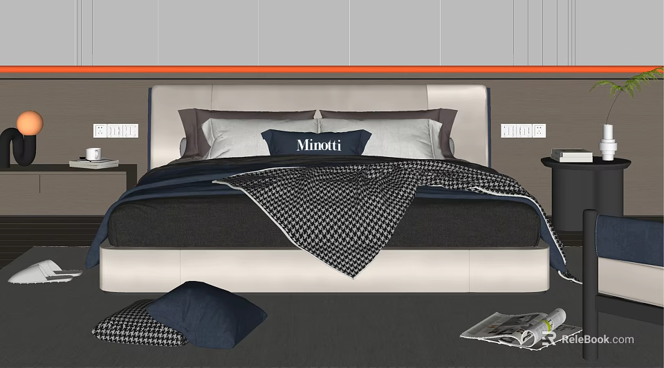 Modern Double Bed Interior Design With Minotti Pillows And Dark Bedding 3d model