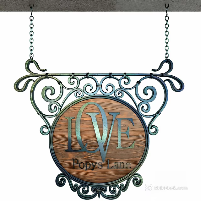 Ornate Metal Scrollwork Decorative Sign With LOVE Lettering And Wooden Center For Poppy's Lane 3d model 