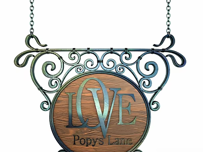 Ornate Metal Scrollwork Decorative Sign With LOVE Lettering And Wooden Center For Poppy's Lane 3d model