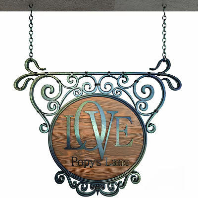 Ornate Metal Scrollwork Decorative Sign With LOVE Lettering And Wooden Center For Poppy's Lane 3d model