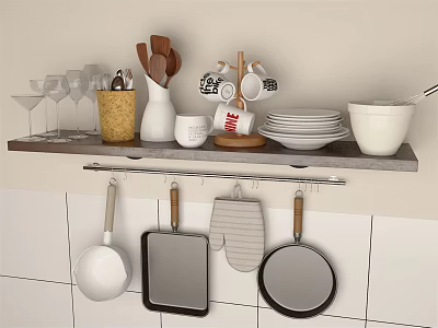 Organized Kitchen Utensils On Wall Shelf With Hanging Pans And Cooking Tools 3d model
