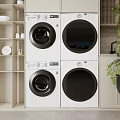 Four Stackable White Washing Machines With Black Doors In Modern Laundry Space