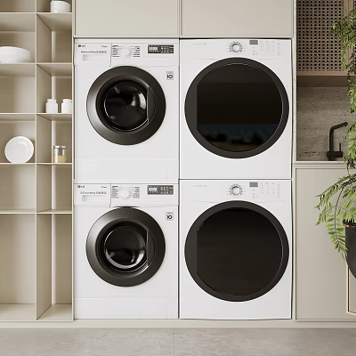 Four Stackable White Washing Machines With Black Doors In Modern Laundry Space 3d model