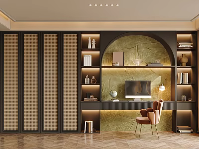Modern Walk-in Closet Interior With Dark Cabinets Arched Accent Wall Bookshelves And Wooden Flooring 3d model
