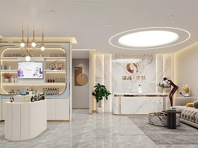 Modern Elegant Beauty Hair Salon Interior With Reception Counter Sofa And Green Plant 3d model