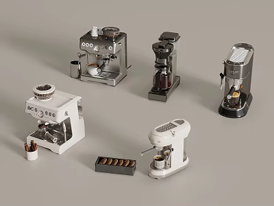 Stylish White Black And Silver Kitchen Coffee Makers With Various Designs And Coffee Pods 3d model