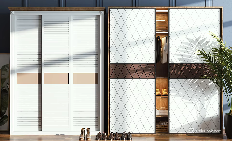 Modern White Sliding Door Wardrobe With Diamond Pattern Storage Shelves And Shoes 3d model 
