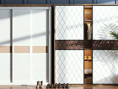 Modern White Sliding Door Wardrobe With Diamond Pattern Storage Shelves And Shoes 3d model