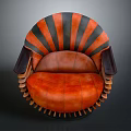 Unique Orange And Black Leather Chair With Striped Backrest And Fringed Base