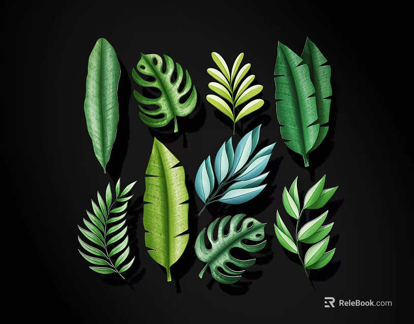 Various Green Tropical Leaves With Different Shapes And Textures On Black Background 3d model 