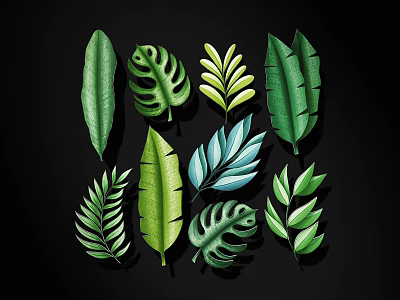 Various Green Tropical Leaves With Different Shapes And Textures On Black Background 3d model