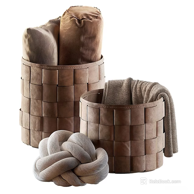 Soft Brown Throw Pillows In Woven Baskets With Cozy Blanket For Home Decor 3d model 