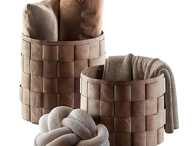 Soft Brown Throw Pillows In Woven Baskets With Cozy Blanket For Home Decor 3d model