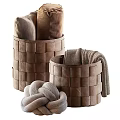 Soft Brown Throw Pillows In Woven Baskets With Cozy Blanket For Home Decor