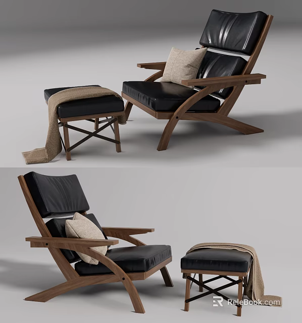 Modern Lounge Chair With Wooden Frame Black Leather Cushion Ottoman And Throw Blanket 3d model 