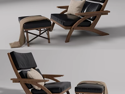 Modern Lounge Chair With Wooden Frame Black Leather Cushion Ottoman And Throw Blanket 3d model