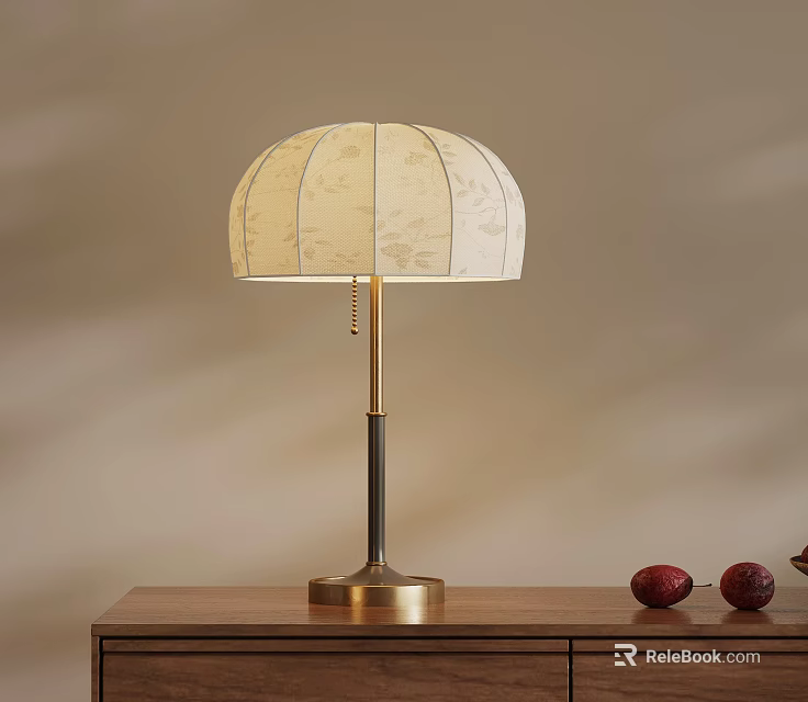 Elegant Table Lamp With Patterned Linen Shade And Brass Black Stand On Wooden Table 3d model 