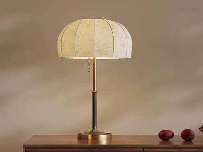 Elegant Table Lamp With Patterned Linen Shade And Brass Black Stand On Wooden Table 3d model