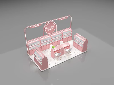 Pink Modern Shopping Mall Beauty Shop With Display Shelves Counter And Stools 3d model