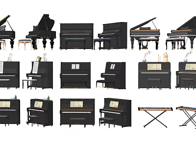 Assorted Musical Instruments Including Grand Upright Pianos Stools And Painting Supplies 3d model