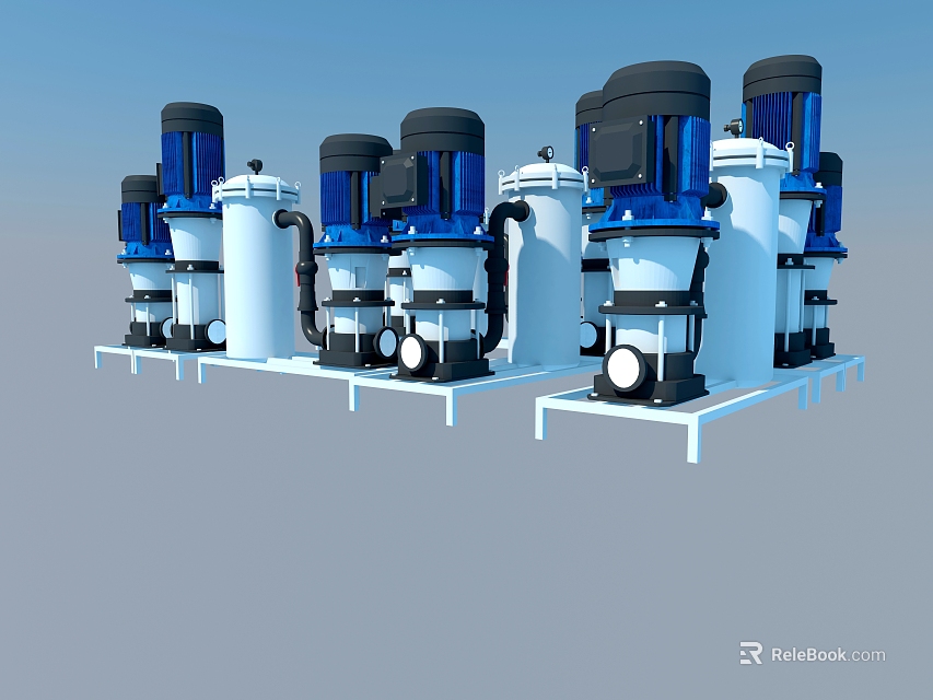 Industrial Equipment Multiple Pumps Arranged In Rows With Blue Motors White Casings Metal Frames 3d model 