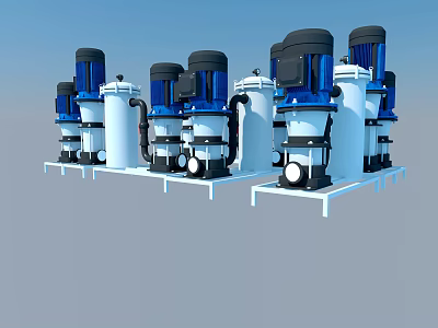 Industrial Equipment Multiple Pumps Arranged In Rows With Blue Motors White Casings Metal Frames 3d model