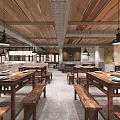 Chinese Style Hotpot Restaurant Interior With Wooden Tables Benches Hanging Lights And Traditional Wall Decorations