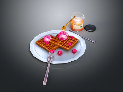Delicious Waffles Topped With Pink Cream Raspberries And Honey Jar On Plate With Fork 3d model