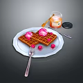Delicious Waffles Topped With Pink Cream Raspberries And Honey Jar On Plate With Fork