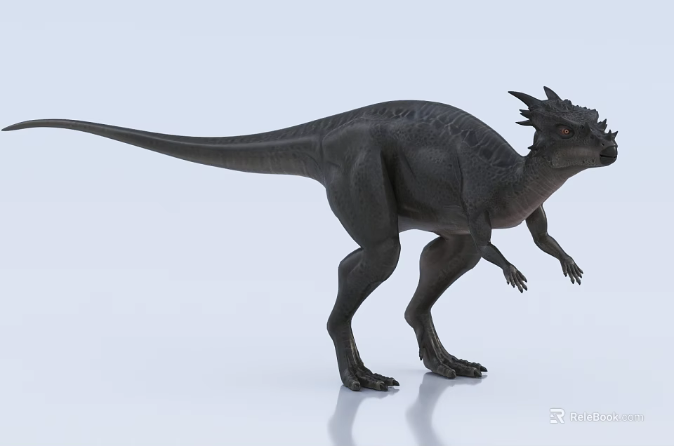 Black Reptile Dinosaur With Horned Head And Long Tail Standing On Light Background 3d model 