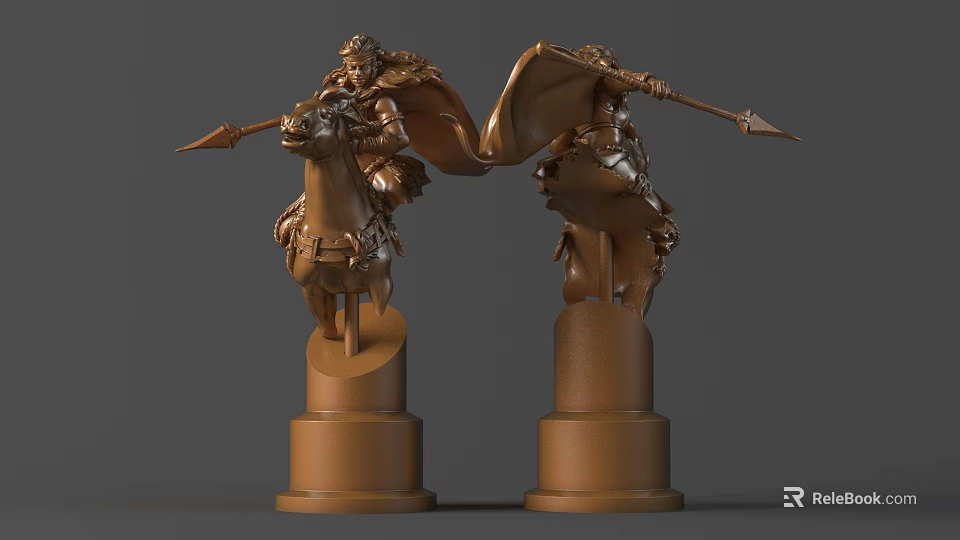 Pair of Detailed Knight on Horseback Sculptures Featuring Spear Cloak and Pedestal Bases 3d model 