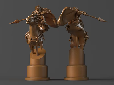 Pair of Detailed Knight on Horseback Sculptures Featuring Spear Cloak and Pedestal Bases 3d model