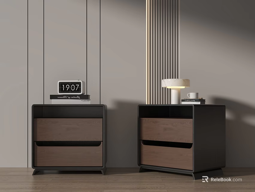 Modern Bedside Tables With Wooden Drawers Digital Clock Table Lamp And Books 3d model 