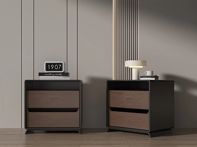 Modern Bedside Tables With Wooden Drawers Digital Clock Table Lamp And Books 3d model