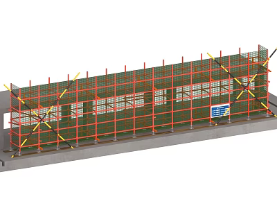 Building Facade Under Construction With Orange Scaffolding And Glass Panel Structure 3d model