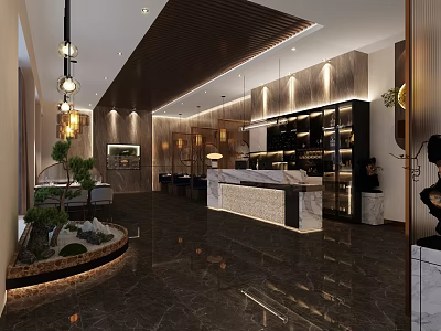 Modern Restaurant Interior Design With Open Layout Marble Bar And Pendant Lights 3d model