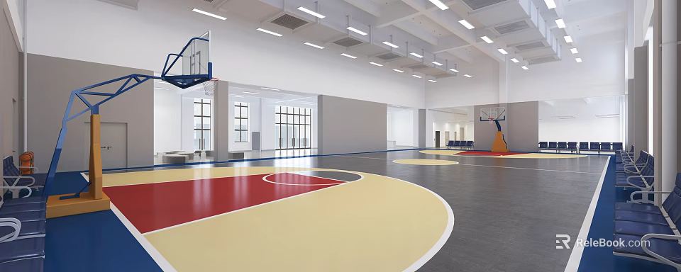 Spacious Indoor Basketball Court Fitness Gym With Red Yellow Floor And Bright Lighting 3d model 