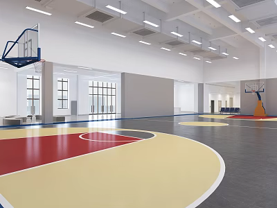 Spacious Indoor Basketball Court Fitness Gym With Red Yellow Floor And Bright Lighting 3d model