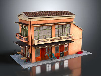 Cartoon Scene Two Story Building Tiled Roof Balcony Wooden Doors Outdoor Tables Chairs Red Object 3d model