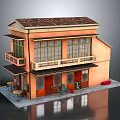 Cartoon Scene Two Story Building Tiled Roof Balcony Wooden Doors Outdoor Tables Chairs Red Object