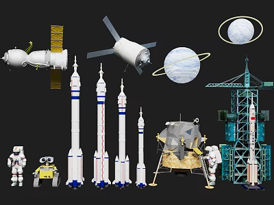 Astronauts And Robots In Space Exploration With Rockets Satellites Planets Lunar Module And Launch Tower 3d model