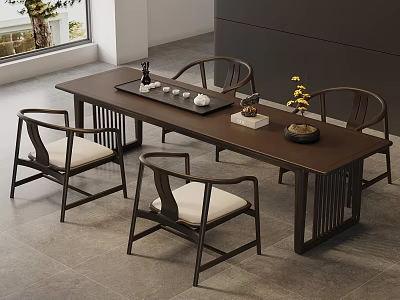 Modern Chinese Style Wooden Tea Table and Chairs with Tea Set and Small Plant 3d model