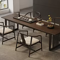 Modern Chinese Style Wooden Tea Table and Chairs with Tea Set and Small Plant