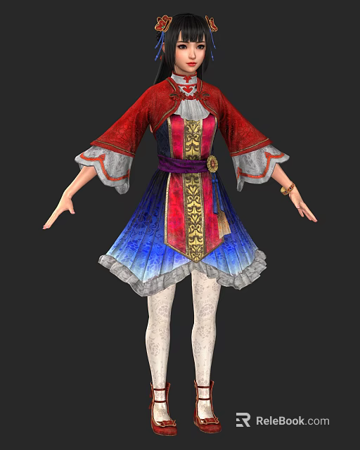Game Movie Character in Red Blue Robe with Golden Patterns Lace Trim and White Stockings 3d model 